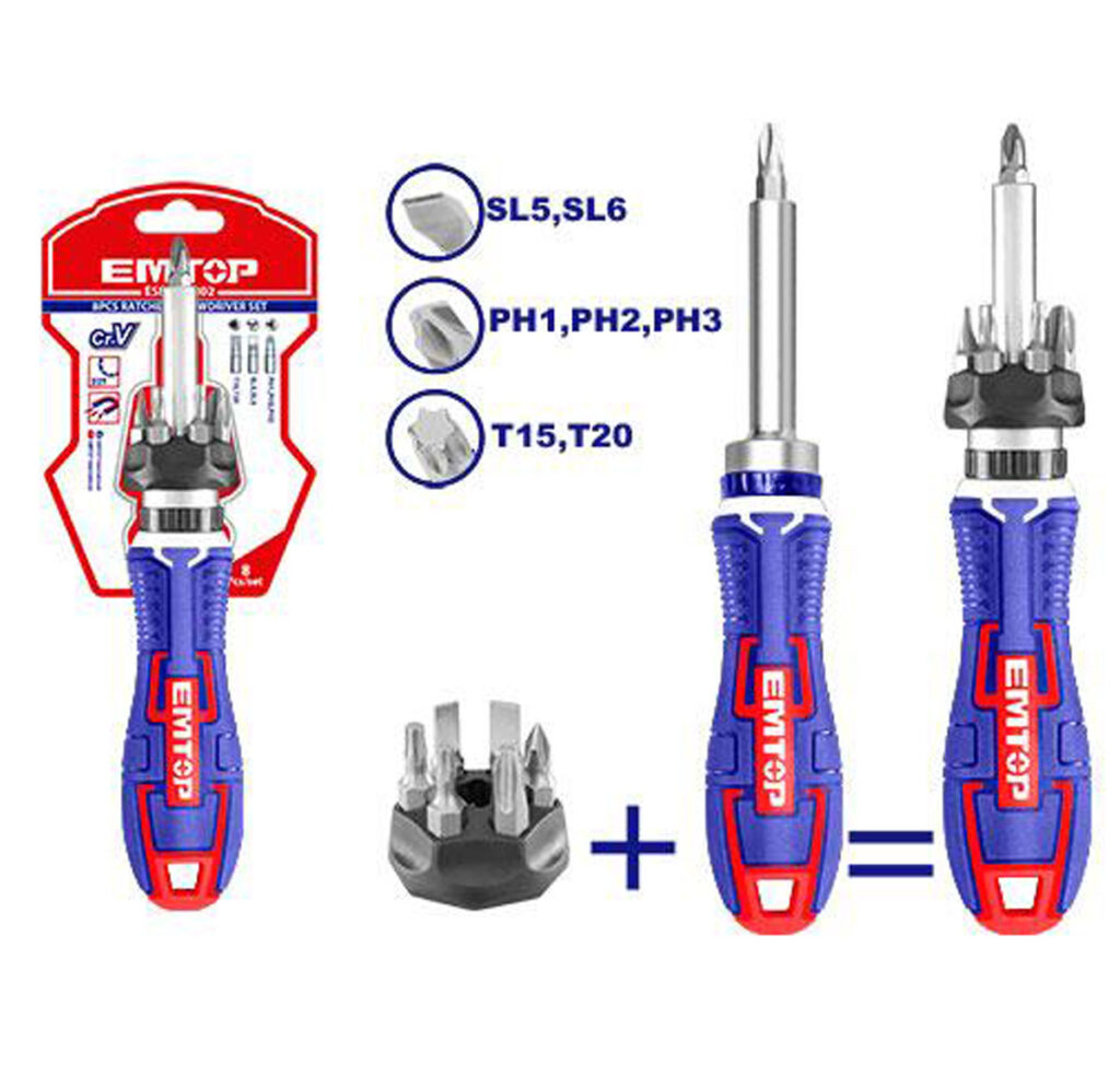 EMTOP 8 Pcs ratchet screwdriver set ESDRH0802