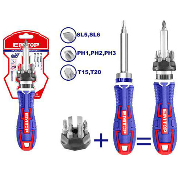 EMTOP 8 Pcs ratchet screwdriver set ESDRH0802