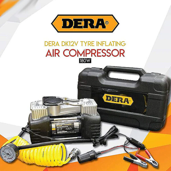 DERA DK12V DOUBLE CYLINDER TYRE INFLATOR AIR COMPRESSOR WITH TYRE REPAIR KIT - 180WATTS